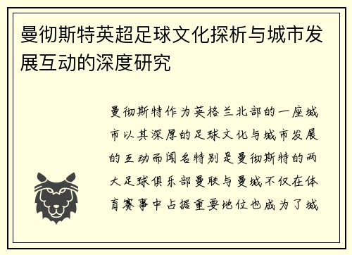 曼彻斯特英超足球文化探析与城市发展互动的深度研究