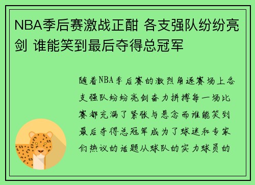 NBA季后赛激战正酣 各支强队纷纷亮剑 谁能笑到最后夺得总冠军
