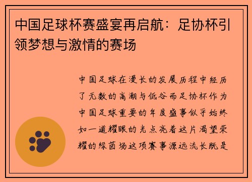 中国足球杯赛盛宴再启航：足协杯引领梦想与激情的赛场