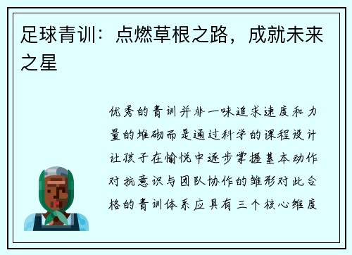 足球青训：点燃草根之路，成就未来之星