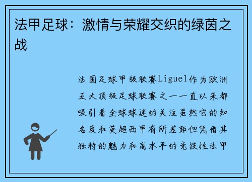 法甲足球：激情与荣耀交织的绿茵之战